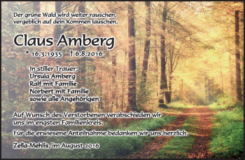 Traueranzeige von Claus Amberg von Südthüringer Presse