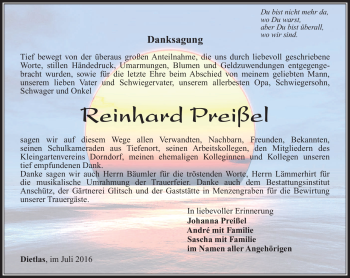 Traueranzeige von Reinhard Preißel von Südthüringer Presse