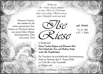 Traueranzeige von Ilse Riese von Südthüringer Presse