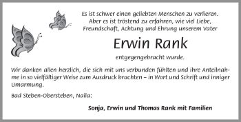 Traueranzeige von Erwin Rank von Frankenpost