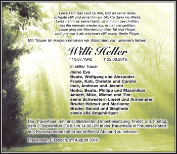 Traueranzeige von Willi Heller von Südthüringer Presse