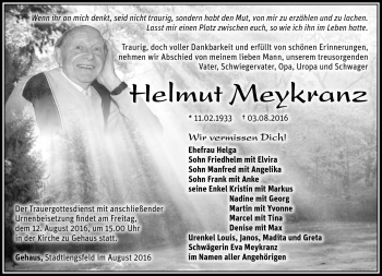 Traueranzeige von Helmut Meykranz von Südthüringer Presse