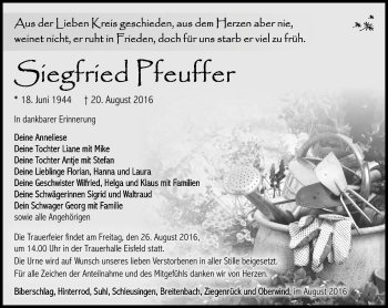 Traueranzeige von Siegfried Pfeuffer von Südthüringer Presse