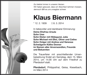 Traueranzeige von Klaus Biermann von Südthüringer Presse