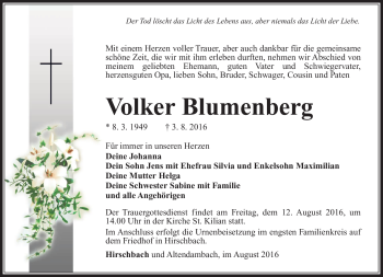 Traueranzeige von Volker Blumenberg von Südthüringer Presse