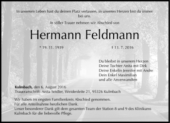 Traueranzeige von Hermann Feldmann von Südthüringer Presse
