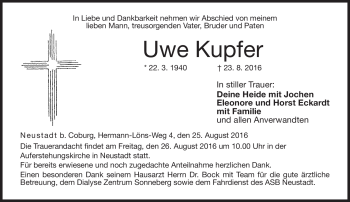 Traueranzeige von Uwe Kupfer von Neue Presse Coburg