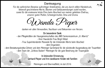 Traueranzeige von Wanda Pieper von Südthüringer Presse