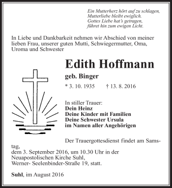 Traueranzeige von Edith Hoffmann von Südthüringer Presse