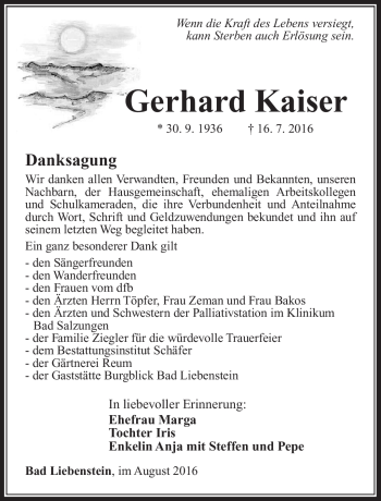 Traueranzeige von Gerhard Kaiser von Südthüringer Presse