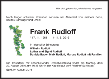 Traueranzeige von Frank Rudloff von Südthüringer Presse