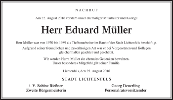 Traueranzeige von Eduard Müller von Neue Presse Coburg