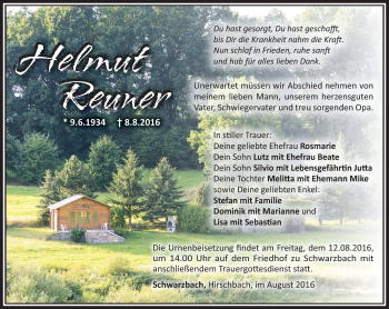 Traueranzeige von Helmut Reuner von Südthüringer Presse