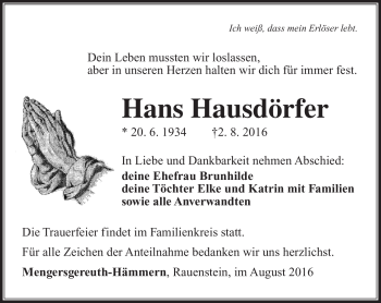 Traueranzeige von Hans Hausdörfer von Südthüringer Presse