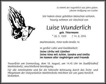 Traueranzeige von Luise Wunderlich von Frankenpost