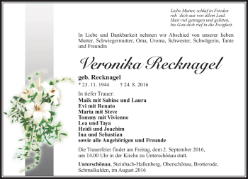 Traueranzeige von Veronika Recknagel von Südthüringer Presse
