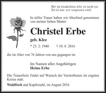 Traueranzeige von Christel Erbe von Südthüringer Presse