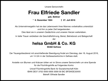 Traueranzeige von Elfriede Sandler von Frankenpost