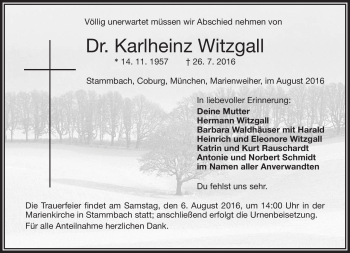 Traueranzeige von Karlheinz Witzgall von Frankenpost