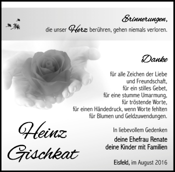 Traueranzeige von Heimnz Gischkat von Südthüringer Presse