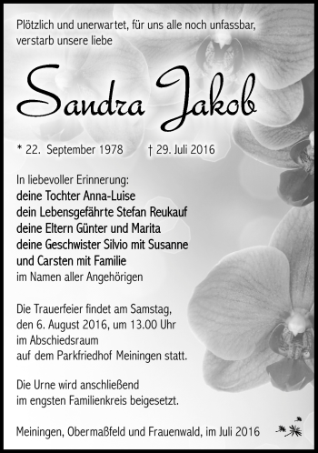 Traueranzeige von Sandra Jakob von Südthüringer Presse