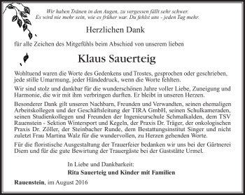 Traueranzeige von Klaus Sauerteig von Südthüringer Presse