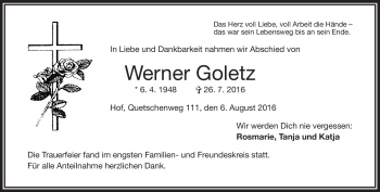 Traueranzeige von Werner Goletz von Frankenpost