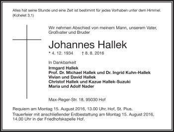 Traueranzeige von Johannes Hallek von Frankenpost