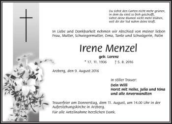 Traueranzeige von Irene Menzel von Frankenpost