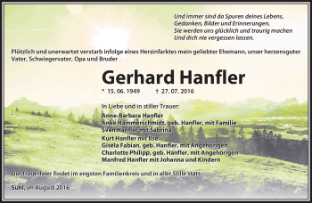 Traueranzeige von Gerhard Hanfler von Südthüringer Presse