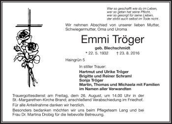 Traueranzeige von Emmi Tröger von Frankenpost