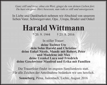 Traueranzeige von Harald Wittmann von Südthüringer Presse