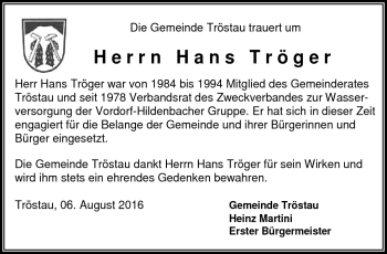 Traueranzeige von Hans Tröger von Frankenpost