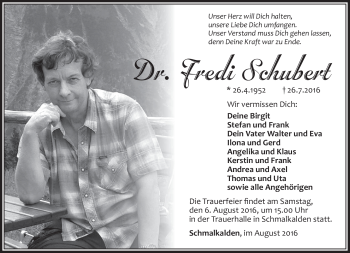 Traueranzeige von Fredi Schubert von Südthüringer Presse