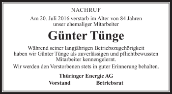 Traueranzeige von Günter Tünge von Südthüringer Presse