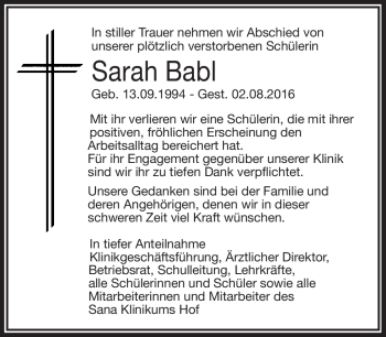 Traueranzeige von Sarah Babl von Frankenpost