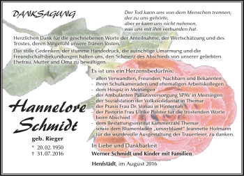 Traueranzeige von Hannelore Schmidt von Südthüringer Presse