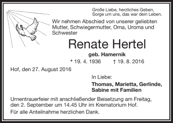 Traueranzeige von Renate Hertel von Frankenpost