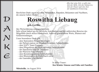 Traueranzeige von Roswitha Liebaug von Südthüringer Presse
