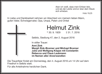 Traueranzeige von Helmut Zink von Frankenpost