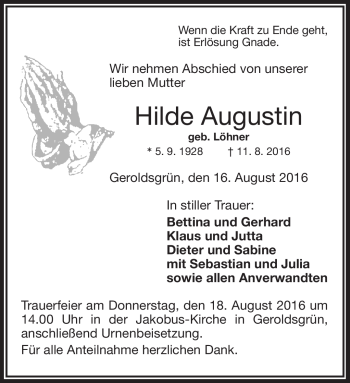 Traueranzeige von Augustin Hilde von Frankenpost
