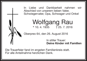 Traueranzeige von Wolfgang Rau von Frankenpost