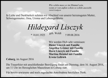 Traueranzeige von Hildegard Lisczyk von Neue Presse Coburg