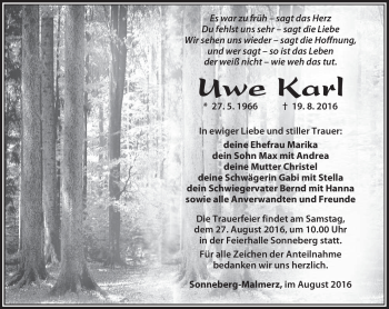 Traueranzeige von Uwe Karl von Südthüringer Presse