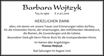 Traueranzeige von Barbara Wojtzyk von Südthüringer Presse