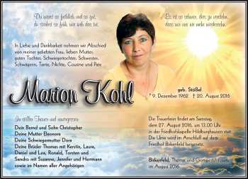 Traueranzeige von Marion Kohl von Südthüringer Presse