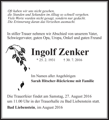 Traueranzeige von Ingolf Zenker von Südthüringer Presse