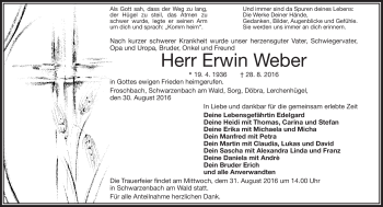 Traueranzeige von Erwin Weber von Frankenpost
