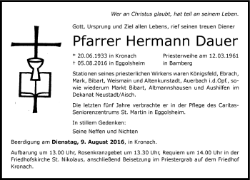 Traueranzeige von Hermann Dauer von Neue Presse Coburg