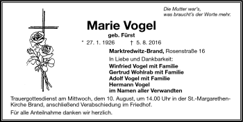 Traueranzeige von Marie Vogel von Frankenpost